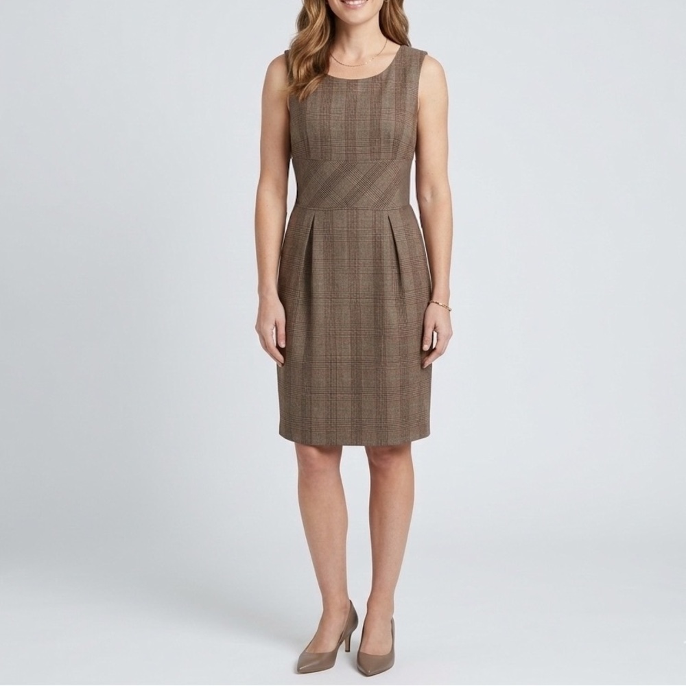 Apostrophe Plaid Sheath Dress Brown Blue Size 4 Sleeveless Stretchy work teacher